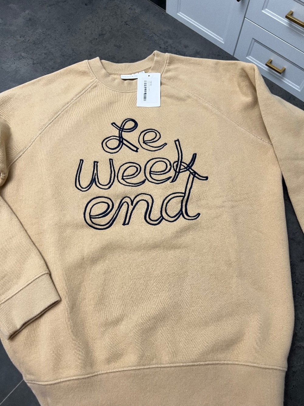 Clare V., beige with blue embroidery "Le Weekend" sweatshirt, size XS